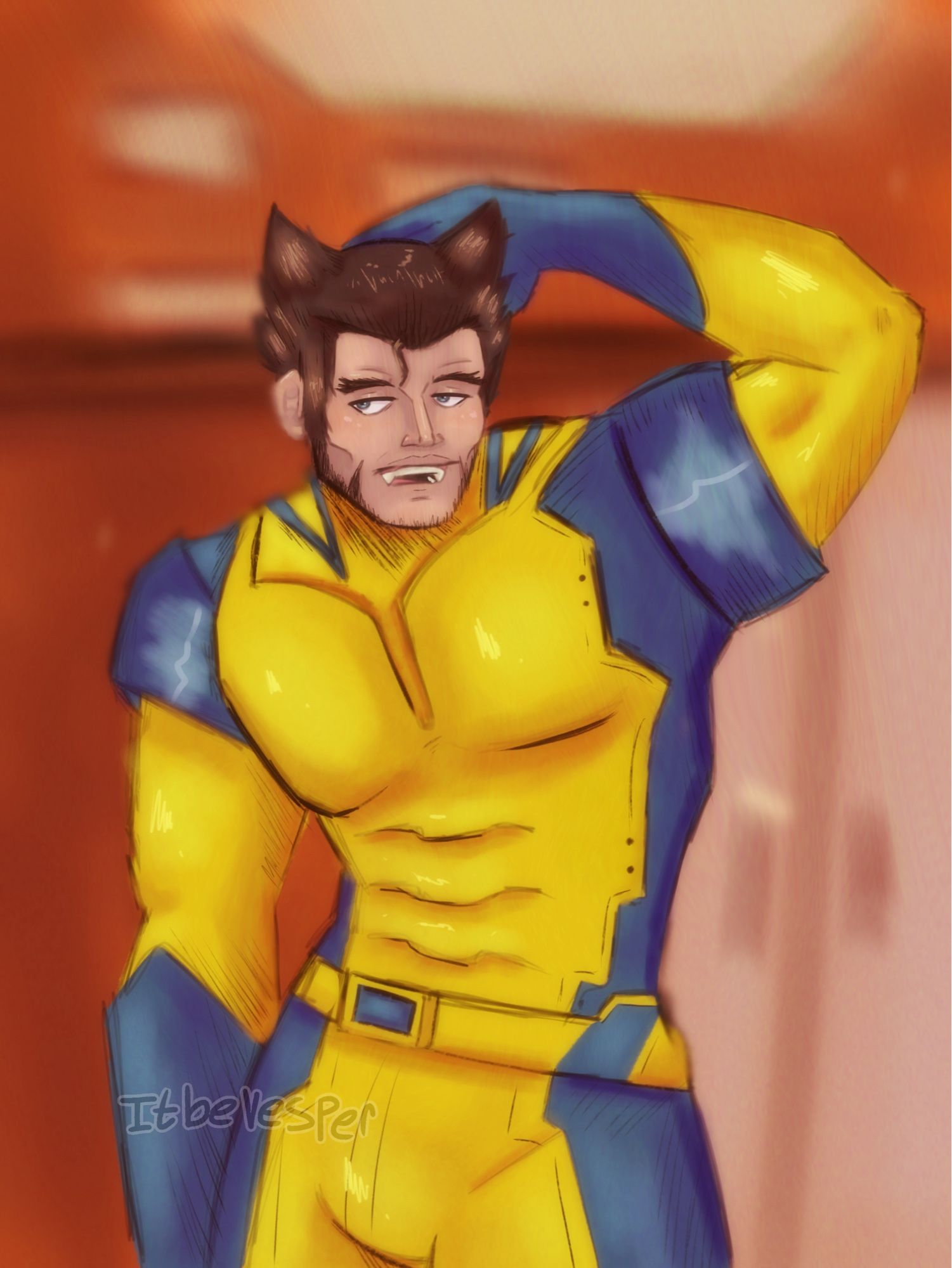 Halfbody of Hugh Jackman’s wolverine rubbing the back of his head, and looking away with a bored expression