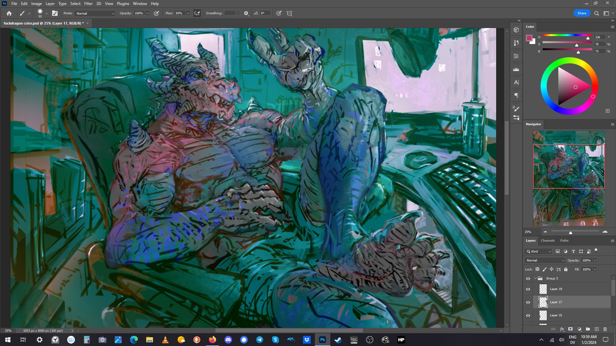 Screenshot: digital drawing/painting with Photoshop UI on the right side. A muscular dragon sitting in a gamer chair in front of a multi monitor computer desk. He is showing his hindpaw on purpose.