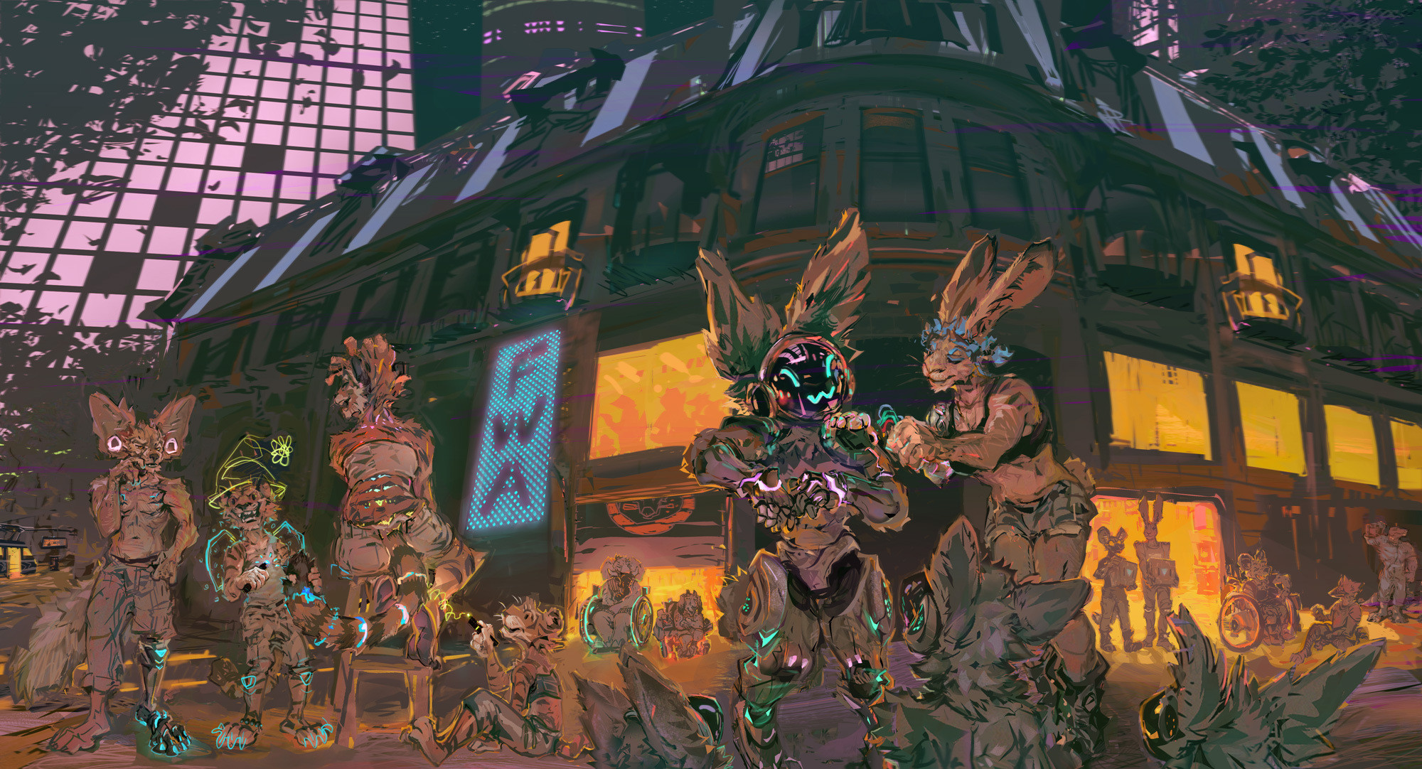 Landscape digital painting, cityscape at night with glowing pink windows in the background, above a modern public train line going through the town.  A bunch of anthro characters are hanging out in front of a repurposed bougie building turned into a community garage with free night classes being taught on the second floor.

A fennec with glowing pink gauge piercings in his ears has a puzzled expression at a tiger kid. The kid is holding some tool that makes glowing lines in the air. They've drawn marks on their own legs that emulate the prosthetic leg on the fennec.  They've also drawn a silly hat and wings on themself. The tiger's mom is sitting on a stool and laughing over her shoulder at both of them. She has rainbow marks on her back stripes and neck, and loops going down her tail. Another tiger kid is sitting on the ground and doing a curving line around the mother's ankle.

Two characters in front of a half-open garage door, showing a red logo of a muzzle holding a screwdriver surrounded by a circle. An elderly elephant wearing a mask is sitting in a wheelchair with glowing cyan wheels, next to an elderly goat  in a wheelchair with glowing red wheels, pointing at an antifascist tattoo on their arm. 

Three small young protogen are eagerly witnessing repairs being done by an anthro rabbit with blue hair, on the panel of a standing protogen.  

A hare and African Wild Dog are walking out of a fully open garage door holding boxes each with a single glowing blue triangle on the front. Nearby a corvid is sitting and chatting with a hyena doing a rambunctious laugh from their wheelchair with glowing red wheels. A large gator in a jumpsuit is holding a parcel on their shoulder behind the pair conversing.