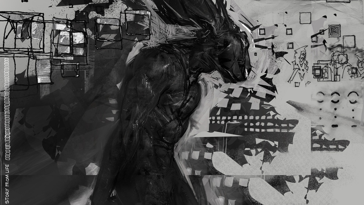 Mixed media digital black and white image. Abstract shapes and a life drawing of several small figures done in ink lines surround a lean anthropomorphic hare with hands joined behind hips, shoulders forward, head in profile and ears cropped off at the top of the image. 