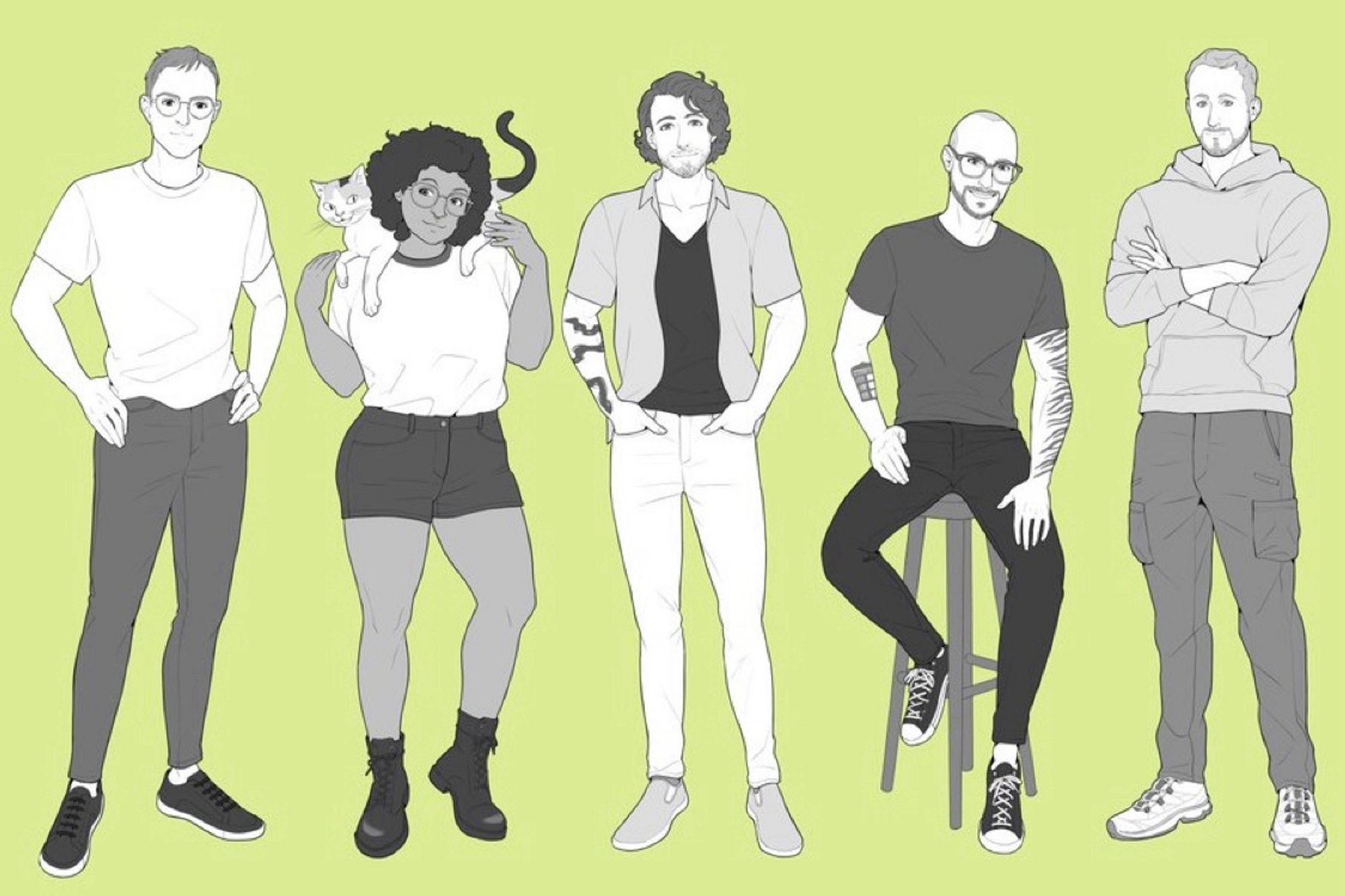 An illustration of Chris person, Gita Jackson, Nathan Grayson, Riley Macleod and Luke plummet, the cofounders of aftermath