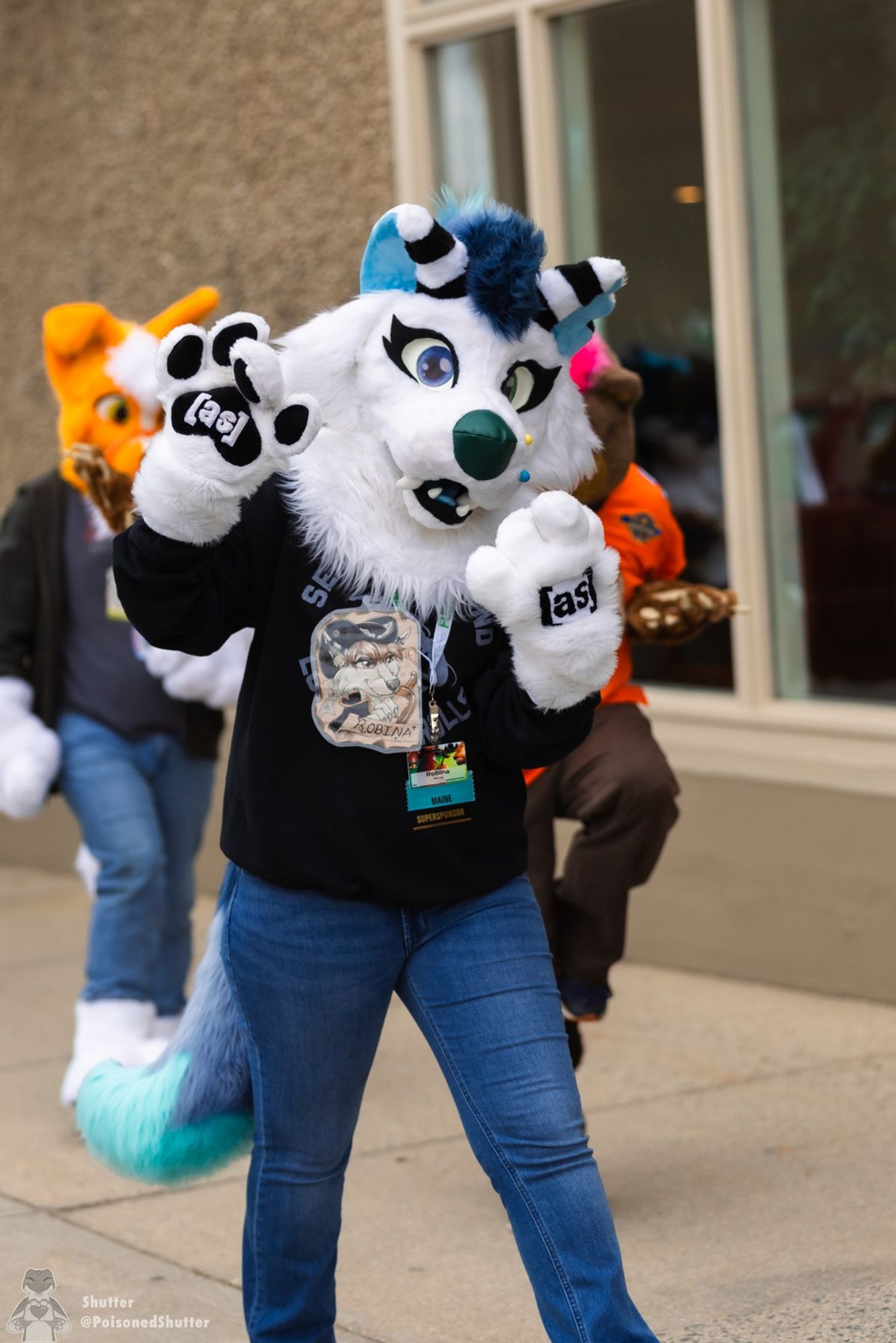 White wolf-dog fursuit with Adult Swim Paws wearing blue jeans and a black sweat shirt.