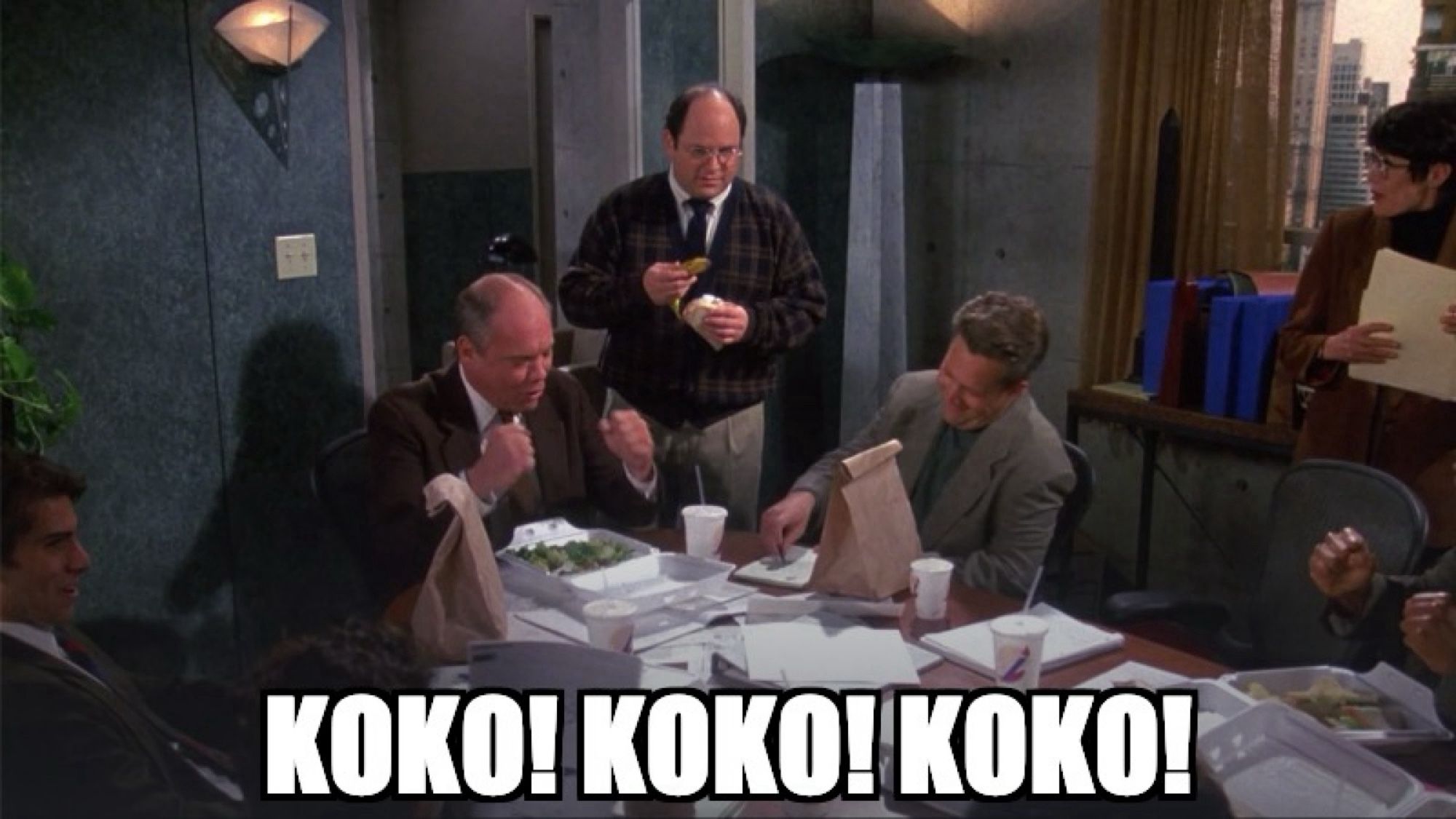 Seinfeld meme of Daniel von Bargen chanting “Koko! Koko! Koko!” At George costanza