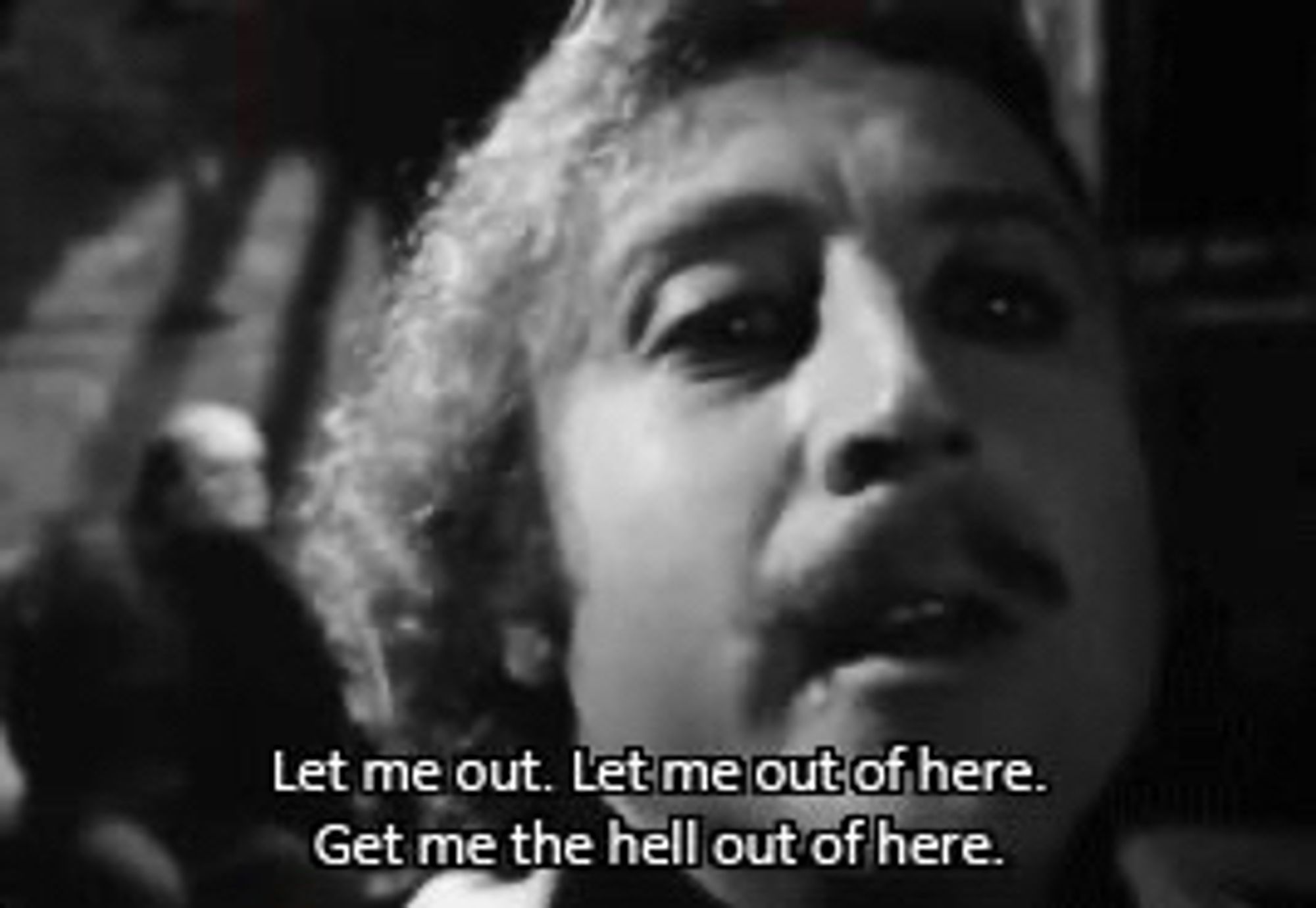 Close up of Gene Wilder from Young Frankenstein when he first is alone with the monster screaming “Let me out. Let me out of here. Get me the hell out of here.”