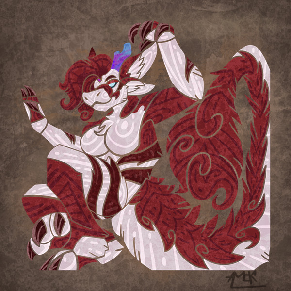 Art of my fursona, Glycerine, in the form a furred dragon, drawn in the style of the monster icons in Monster Hunter. Her fur is red and cream-colored with a few dark red stripes on her ribs and hips. She has blue eyes and multi-colored horns.