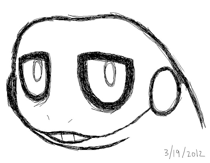 Digital ink doodle of a Croagunk from the neck up, with extra-dark circles around its eyes and a tired grin.