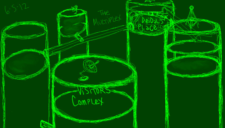 Digital sketch of the Multiplex using bright green lines on a dark green background. The Multiplex consists of five tall cylindrical buildings arranged in a star shape, with two labeled as Deidal's Place and Visitors Complex. Some of the buildings are connected by long hallways, and some have satellites of various shapes on top.