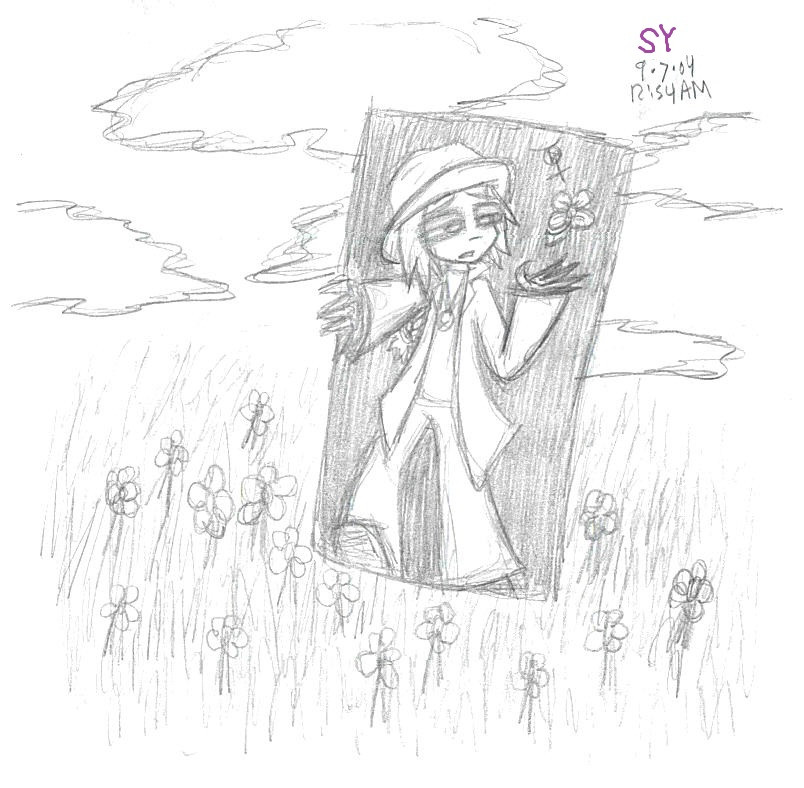 The original pencil sketch of the previous image, with no color except for Sy's purple signature added above the date.