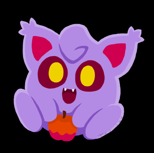 Digital art of a strange-looking Jigglypuff holding a caramel apple. Its eyes are yellow on dark red, and its delighted smile shows two small fangs. There are tufts of shaggy fur on the tips of its ears, and the signature reading "Teyviary" is next to one foot.