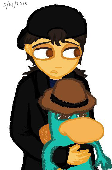 Digital sketch of Renata glancing to the side with an uncertain expression, holding a somewhat large Perry the Platypus plushie backpack. Renata is a multiracial tween with long curly brown hair in a ponytail. She's wearing a black coat over a dark blue shirt, and a black backwards baseball cap.