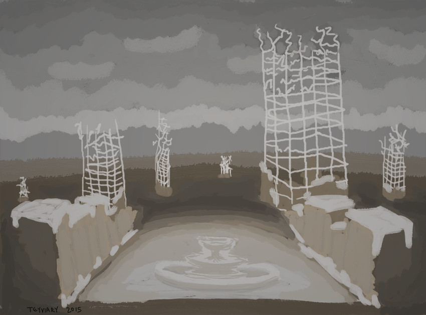 Rough draft digital painting of an outdoor location within the Teyviary, nicknamed the Land of Snow and Steel. LOSAS is depicted as a wide street with a round fountain in the center, and rows of buildings on either side. The tall steel framework of several destroyed buildings is visible past the buildings, fading into cloudy gray skies. The buildings, street, and fountain all have a dingy brown appearance, topped with snow.