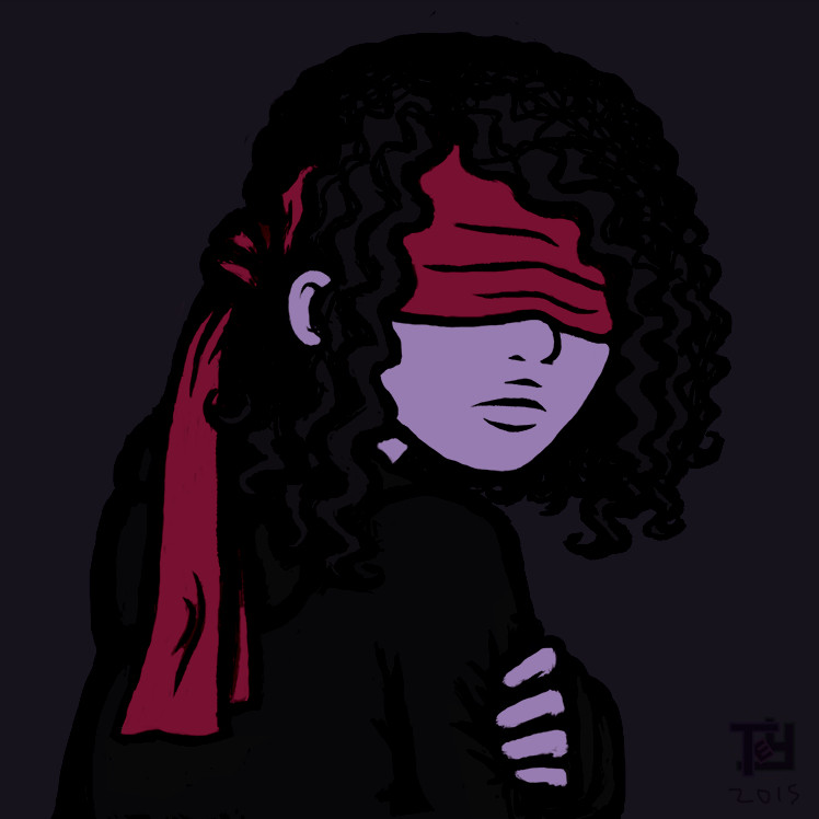 Digital art of Sy in her gem form, hugging herself and turning back toward the "camera" with a long red scarf tied over her eyes. Sy has light purple skin and dark purple hair in a curly bob, and she's wearing a black hoodie.