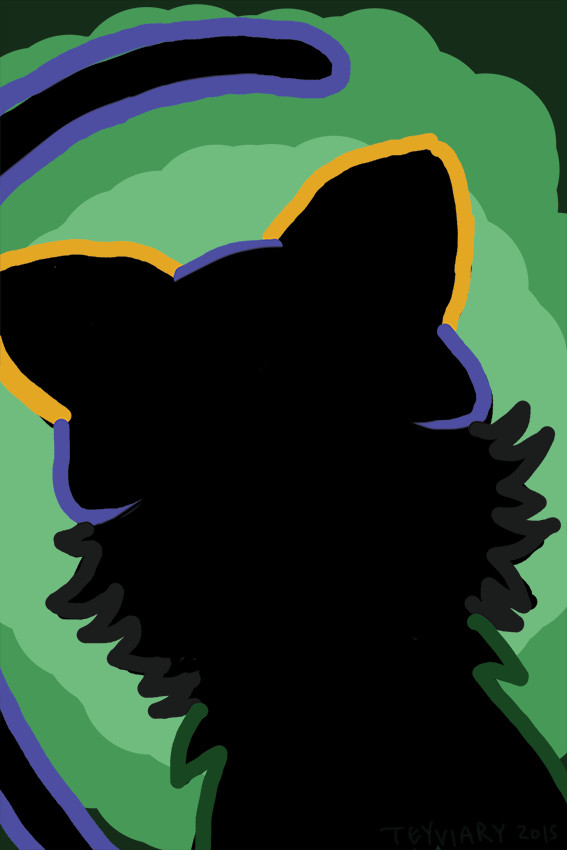 Digital doodle of Nepeta from Homestuck silhouetted against a teal green light in the background. Nepeta has short shaggy black hair, a long blue cat tail, green coat, and blue beanie hat with orange horns shaped like cat ears.