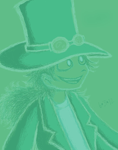 Digital sketch of Quackie looking upward with a laugh, all in shades of teal-ish green. She's wearing the same outfit as in the previous image. Her irises are a bright shade of teal that almost glows.