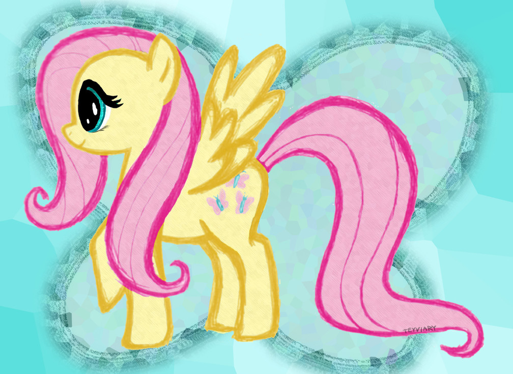 Digital art of Fluttershy from My Little Pony, standing in profile with a smile and wings raised. She's a yellow pegasus pony with pink hair, blue eyes, and a cutie mark comprised of three butterflies. The background is a blue butterfly shape outlined in a crystalline texture.