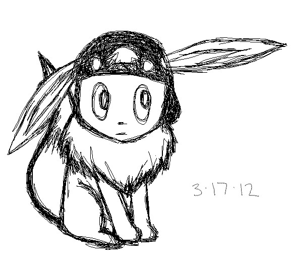 Digital ink doodle of Renata in an Eevee form, sitting and glancing to the side with one ear lifted in that direction. She's wearing her black backwards baseball cap with pins attached, and looks warily alert.