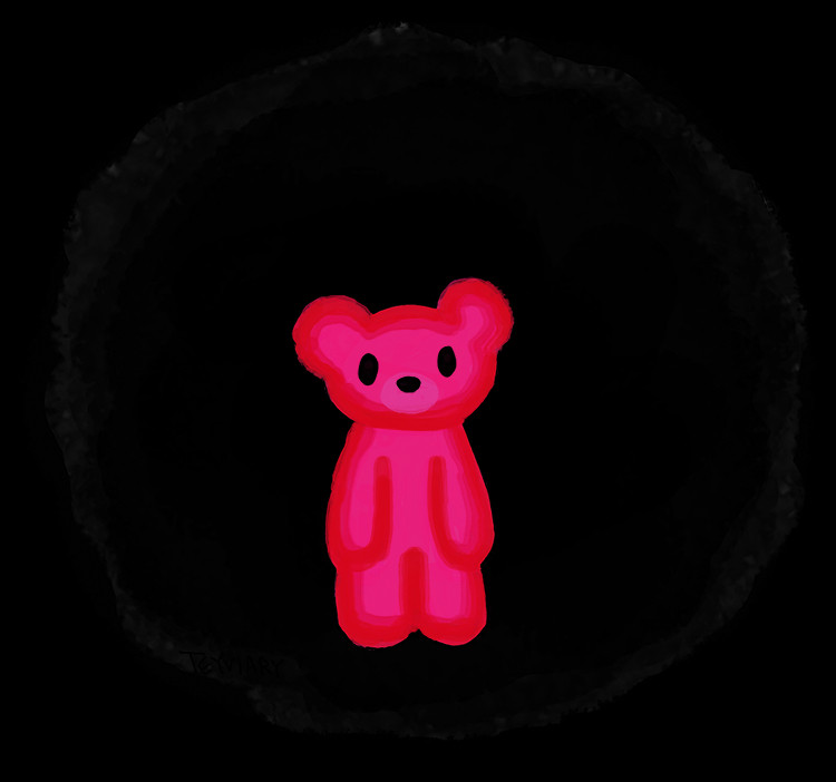 Digital painting of a neon pink teddybear bear standing in a circular black shadowy void.