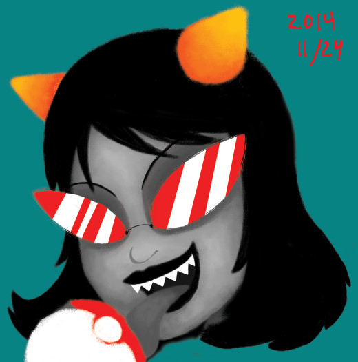 Unfinished digital painting of Terezi from Homestuck, licking the red top part of a pokeball. Terezi is a gray-skinned troll with pointy teeth, black lips, black hair in a long bob, red sunglasses, and two small candy-corn-colored horns.