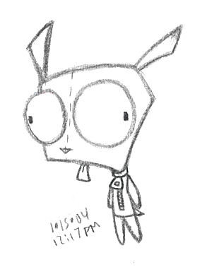 Pencil sketch of GIR from Invader ZIM. GIR is wearing his dog disguise, with black arms and legs, big round eyes, a small dangling tongue, a short tail, and triangular ears pointed upward. A zipper is visible down the front of his chest.