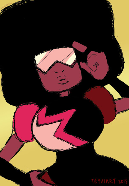 Digital doodle of Garnet from Steven Universe, with one hand on her hip and the other adjusting her reflective shades. Garnet is a humanoid with reddish-brown skin and a black afro in a square-ish shape. She has black gloves and a form-fitting black outfit with part of a star shape along one side.