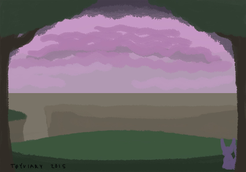 Rough draft digital painting of a green forest opening out to view rocky brown cliffs, under a sky of pink and purple clouds. A small quadrupedal creature with large ears and a tail is silhouetted near the base of a tree.