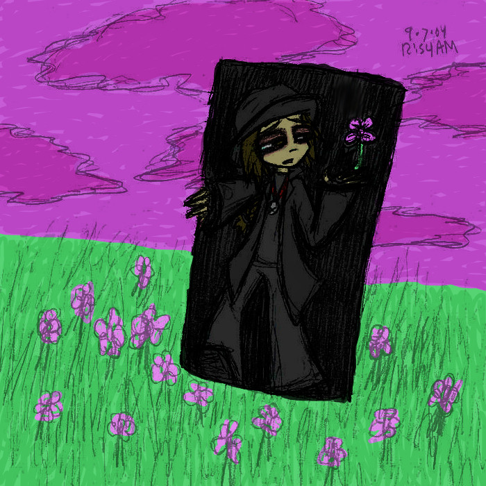 Digitally colored sketch of Sy lingering in a doorway between a black void and a field of grass and pink flowers, under a pink and purple cloudy sky. Her eyes are dark from lack of sleep, and one of the pink flowers is hovering above her hand, as she looks at it with a weary expression. Sy is a light-skinned multiracial human with long brown frizzy hair in a braid. She's wearing a black trilby hat, black fingerless gloves, black pants, black boots, a black overshirt over a black shirt (lol), and a silver jinglebell on a red string around her neck.