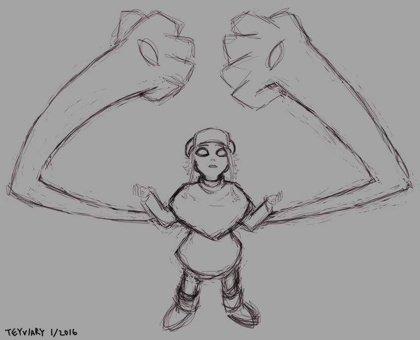 Digital doodle of Sienna creating two new marquise-cut gems. Sienna is a tween gem with short hair and two longer curls framing her face. Two very long arms are extending from behind her, clenching the marquise-cut gems in their fists above her. Sienna is looking up at them with her arms lifted in a similar gesture, and her eyes blank. She's wearing a long-sleeved shirt under a poncho top, with skinny jeans and boots, along with a baker boy cap.