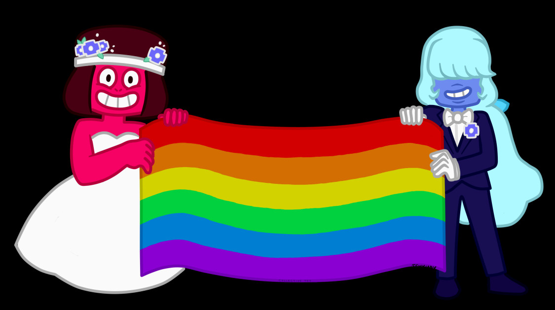 Digital art of Ruby and Sapphire from Steven Universe, holding a large rainbow flag between them and smiling. Ruby has red skin and dark reddish-brown hair in a rounded square shape. She's wearing a strapless white wedding dress and a white headband with lavender-and-white flowers tucked into it. Sapphire has blue skin and pale blue hair in a long, poofy ponytail. She's wearing a blue suit with white gloves, a white bow-tie, a white shirt, black shoes, and a lavender-and-white flower in her front suit pocket.