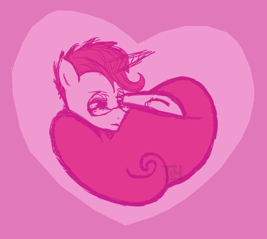 Digital doodle of Techno Radiance in shades of pink, surrounded by a pink heart shape. Techno Radiance is a unicorn pony with a long tail, a short mane, and a small goatee. He wears small oval-shaped glasses and looks impassive.