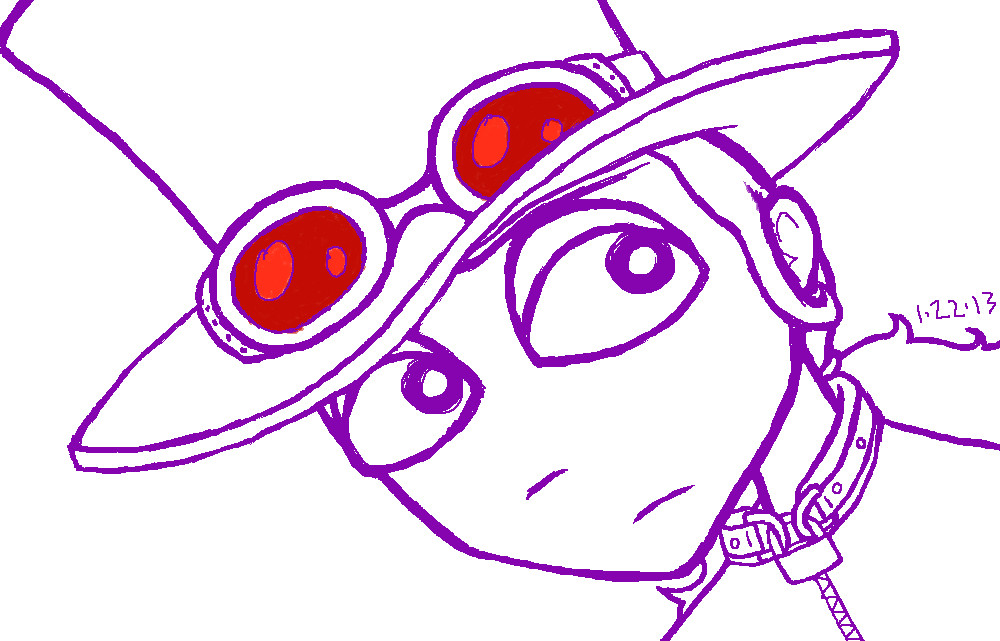 Digital sketch of Deidal glancing upward with a warily uncertain expression. Deidal is a multiracial teenager with long curly hair in a ponytail. She's wearing a straitjacket-style top with locks down the front, a top hat with a bent brim, and goggles with red lenses around the base of the top hat.