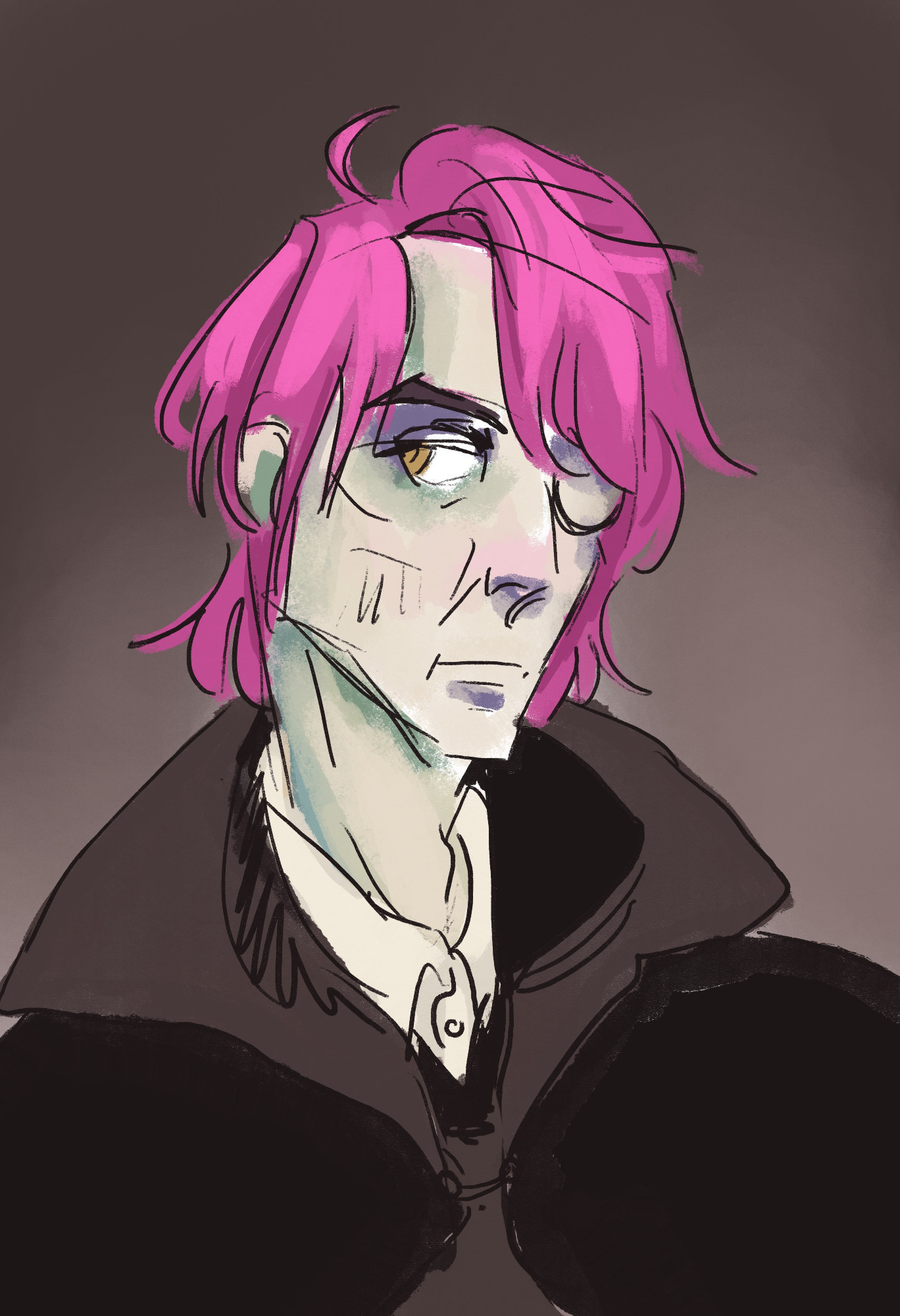 art of an old man with bright pink hair swept over one eye and a monocle on the covered eye