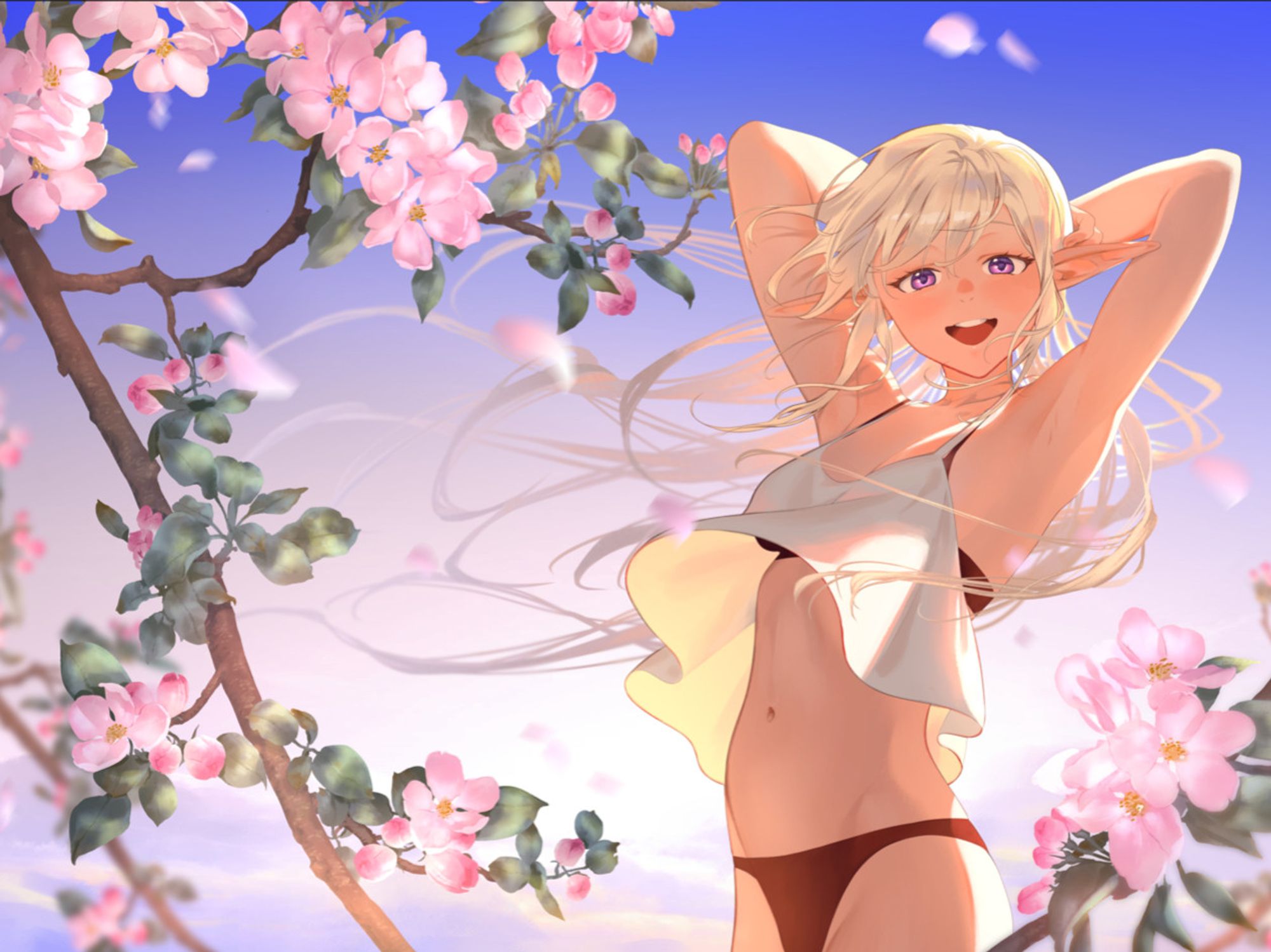 blonde manga/anime elf girl in bikini and cherry blossoms.