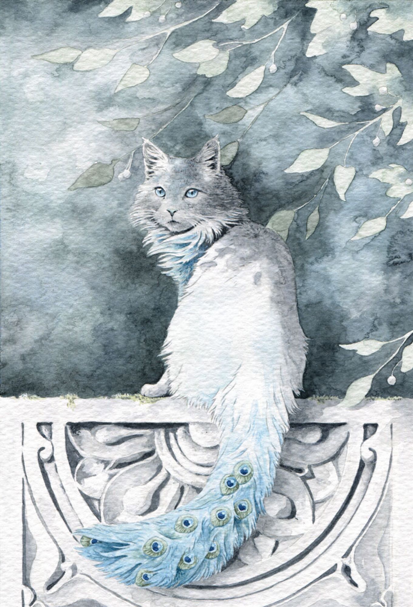 watercolor painting - a longhaired cat with peacock feathers on its tail sitting on a carved wall under a tree. Its fur is white, with bits of blue on its mane and tail.