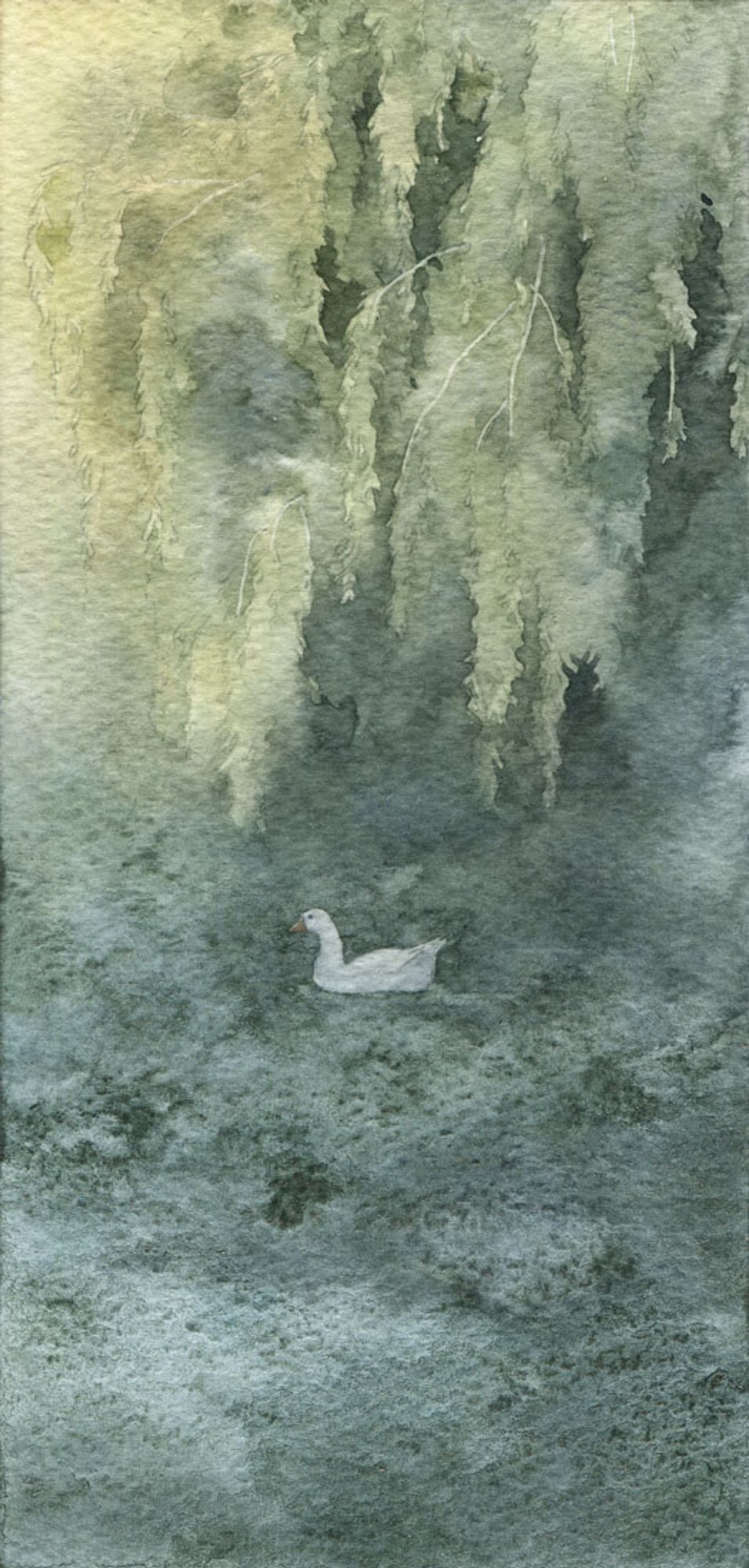 watercolor painting, a white goose floating on blue waters under sunlit willow branches