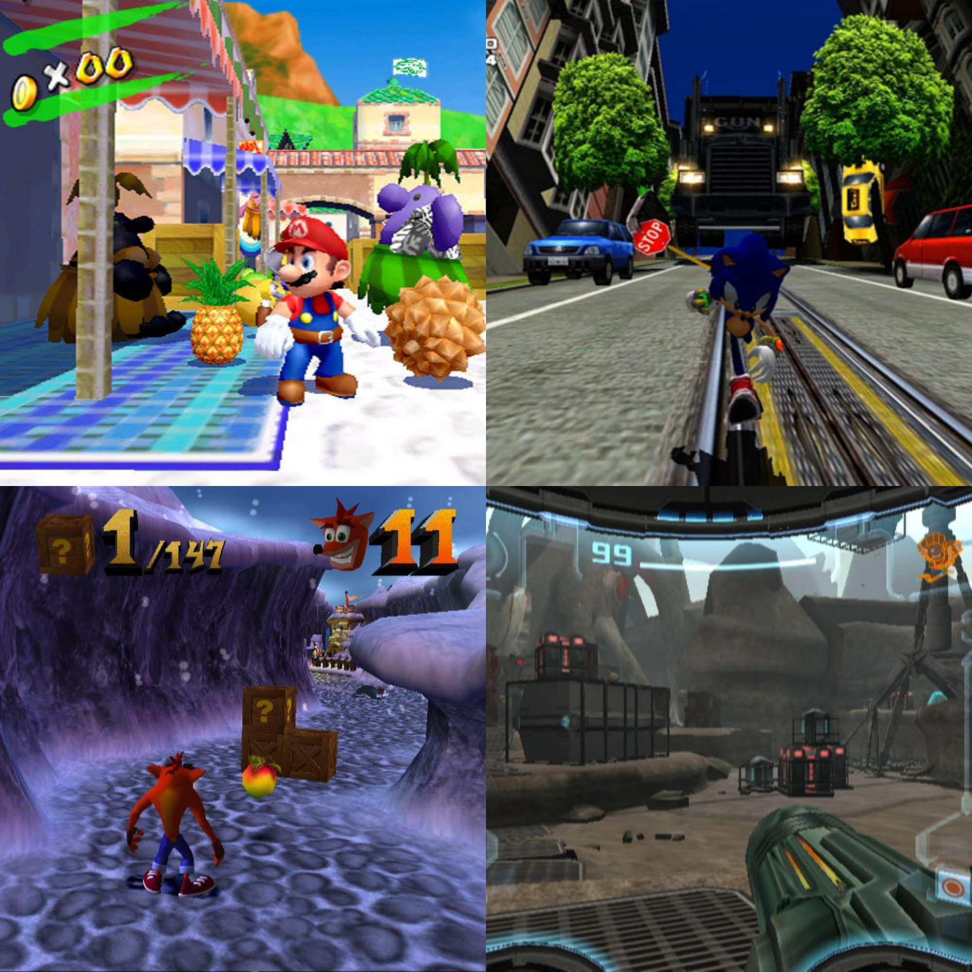 Screenshots of Mario Galaxy, Sonic Adventure 2: Battle, Crash Bandicoot: Wrath of Cortex, and Metroid Prime 2: Echoes (but jokingly referred to as Halo)