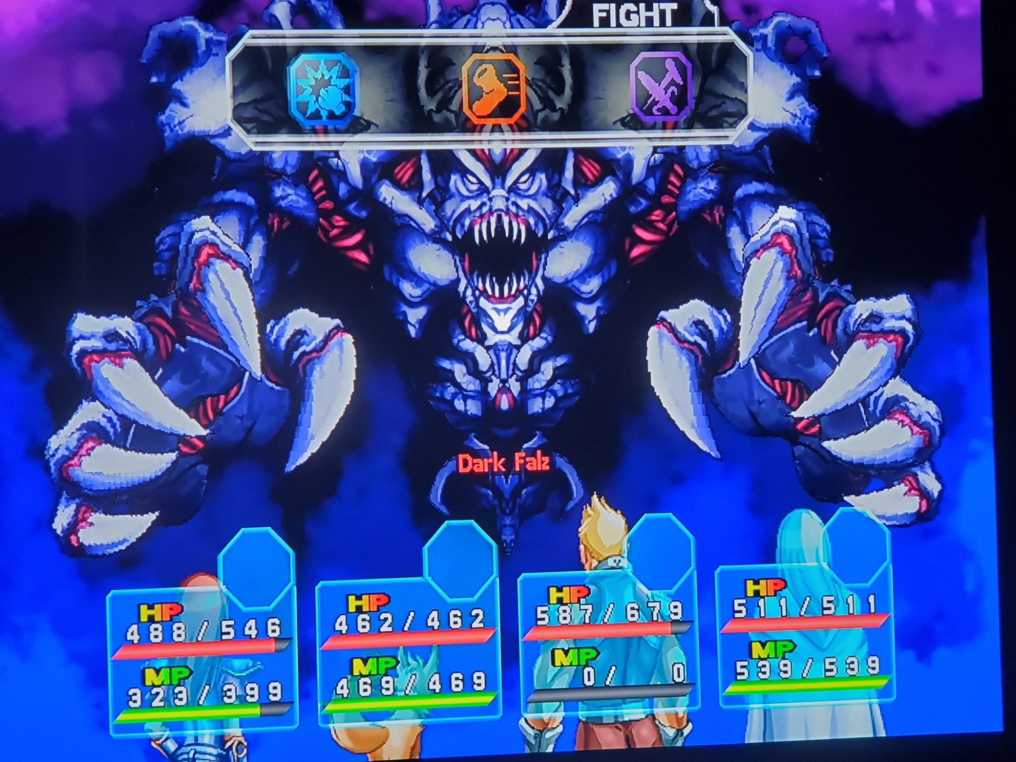 Alisa and team fighting Dark Falz. A demonic evil entity!