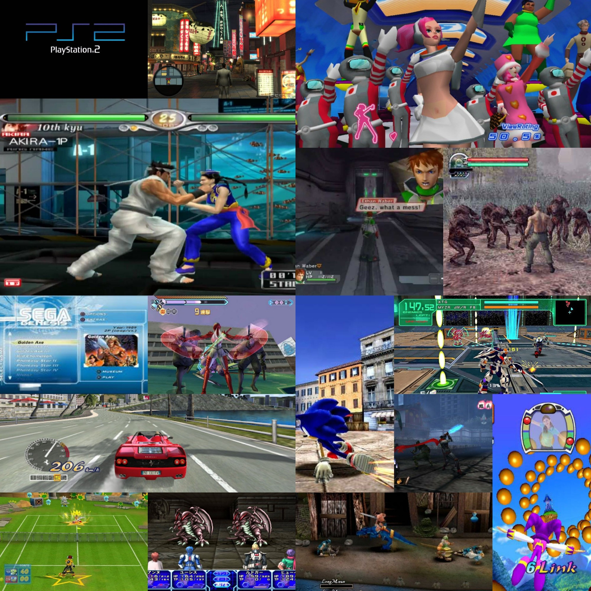 Sega games that appeared on the PS2
Yakuza 2
SpaceChannel5
Virtua Fighter 4
Phantasy Star Universe
Altered Beast
SEGA genesis collection
Nightshade
Sonic Unleashed
Virtual on Marz
Outrun
Shinobi
Sega tennis
Sega ages PSII
SEGA AGES GOLDENAXE
PS2 Eye Nights minigamw