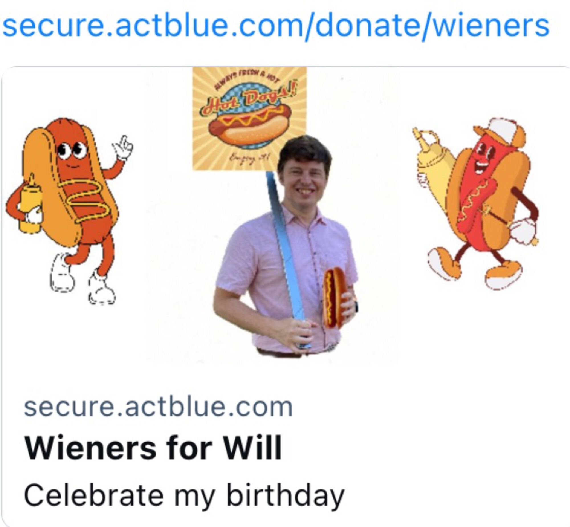 Stancil campaign donation link “wieners for Will” with cartoon hot dogs.