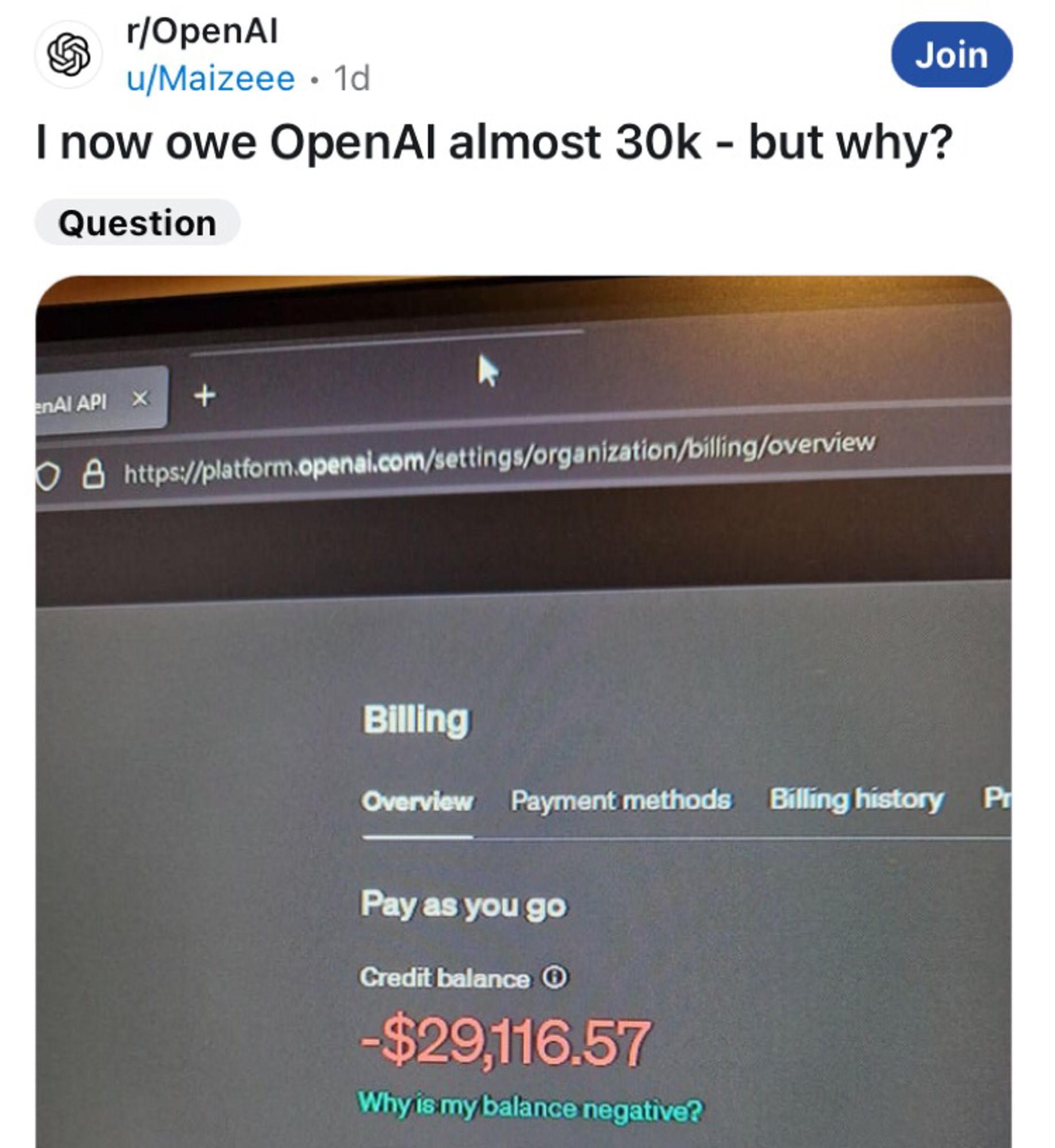 OpenAi glitch causes negative 30k balance for ai bro who panics and asks why it’s happening in a Reddit post.