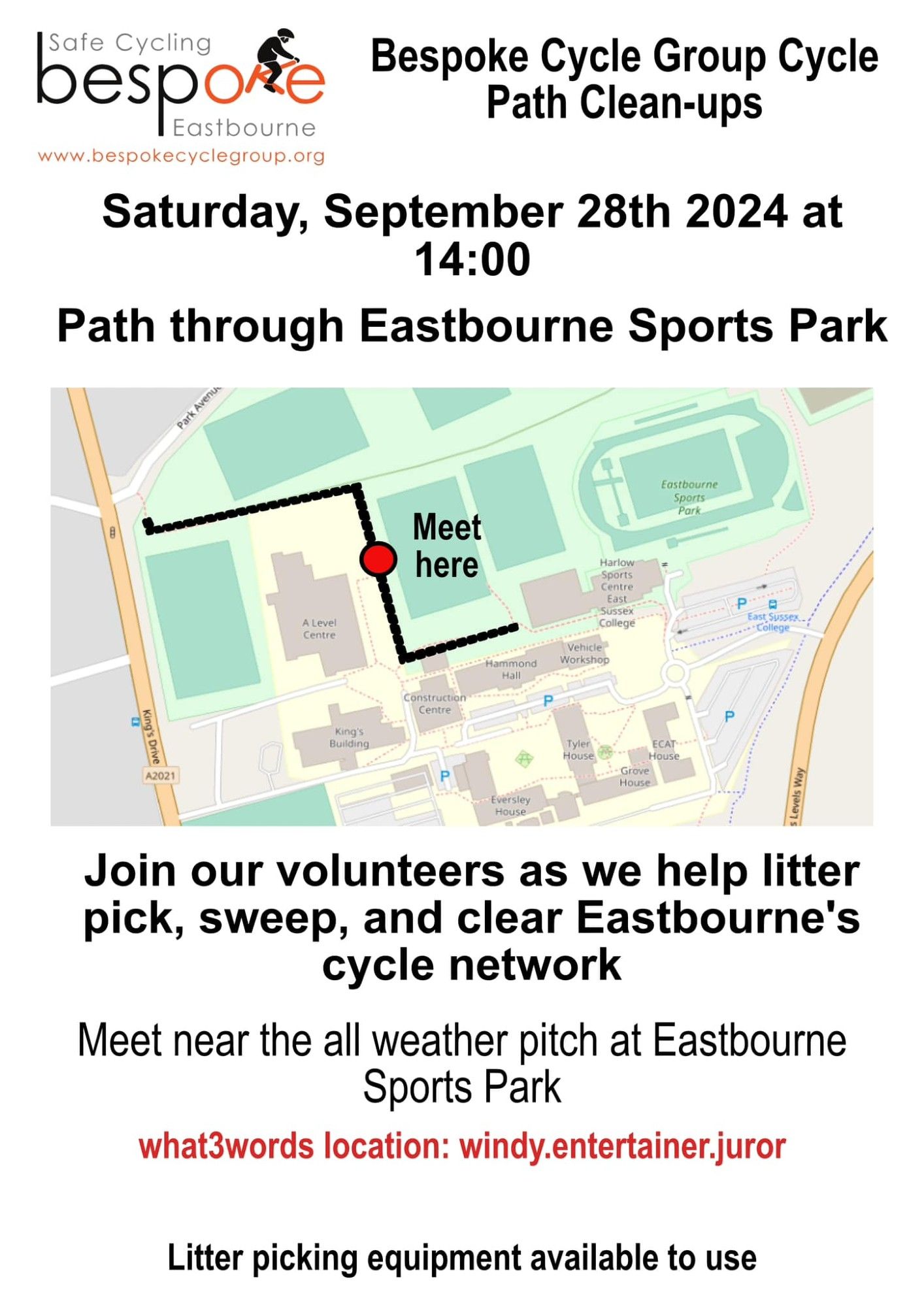 Join the Bespoke Cycle Group litter pick at Eastbourne Sports Park on Saturday, 28th September 2024.