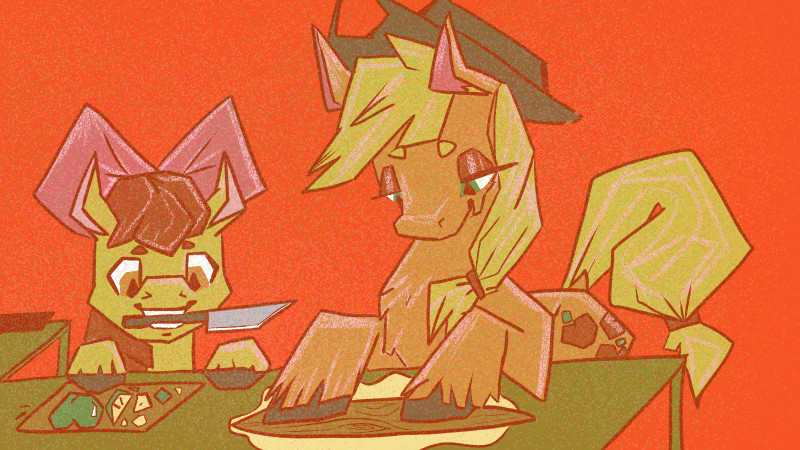 Applejack and Applebloom making a pie.