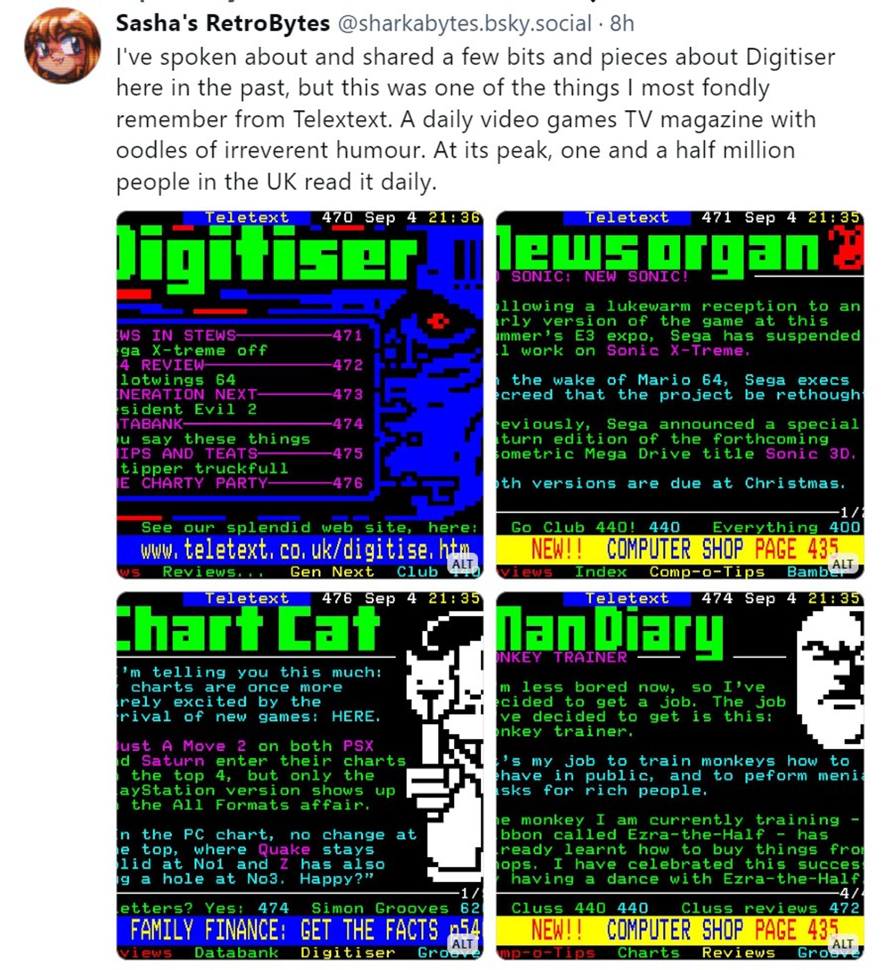 screenshot of someone else's bsky post about ancient Channel 4 Teletext magazine "Digitiser"