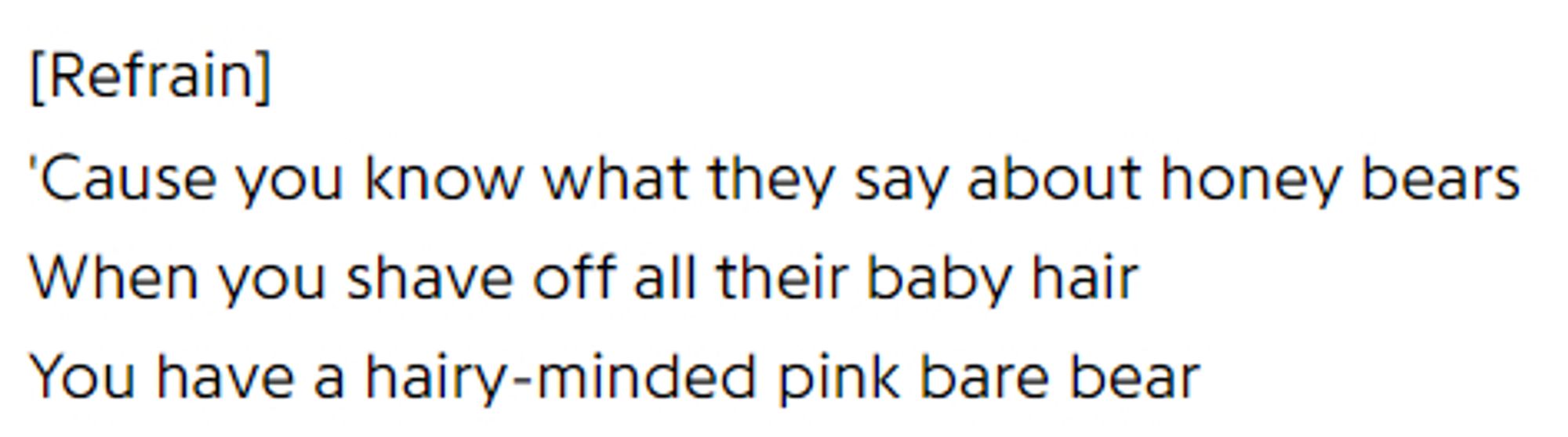 a screenshot of lyrics from "Andy's Chest" off of Transformer

"'Cause you know what they say about honey bears
When you shave off all their baby hair
You have a hairy-minded pink bare bear"