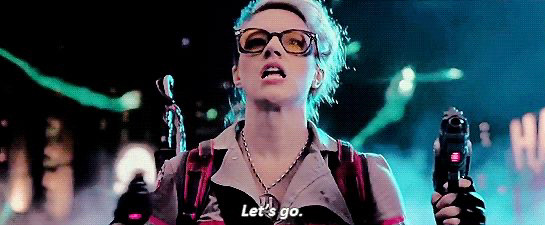 Jillian Holtzmann from the 2016 Ghostbusters saying “Let’s go” with a determined look.