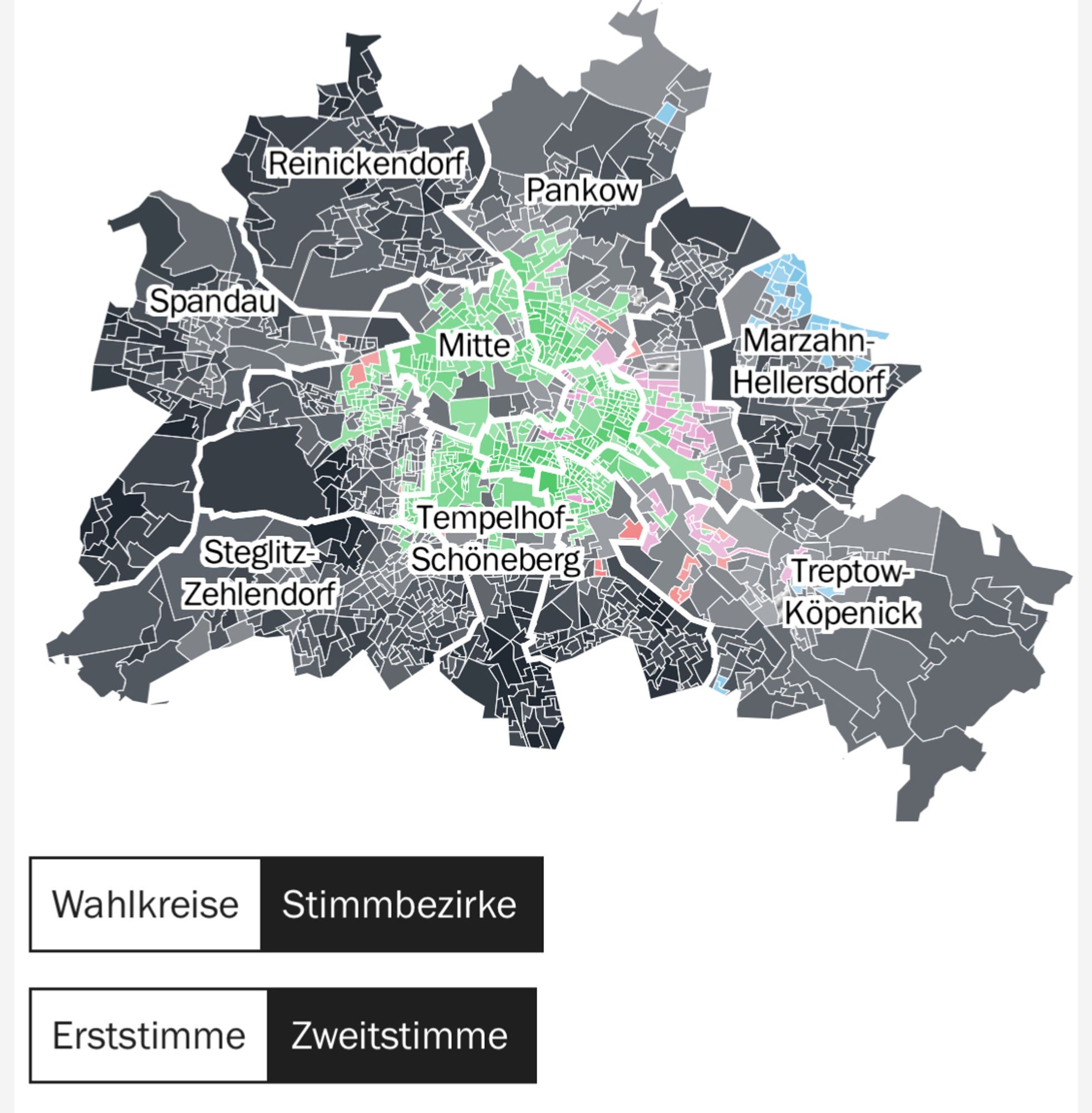 Eine Karte der Zweitstimmwahlbezirke Der Berliner Agh Wahl 2023. die ganze Innenstadt ist grün, der ganze B-Bereich ist schwarz, bis auf ein bisschen linke im Übergang und eine AfD Hochburg am Rande Marzahns