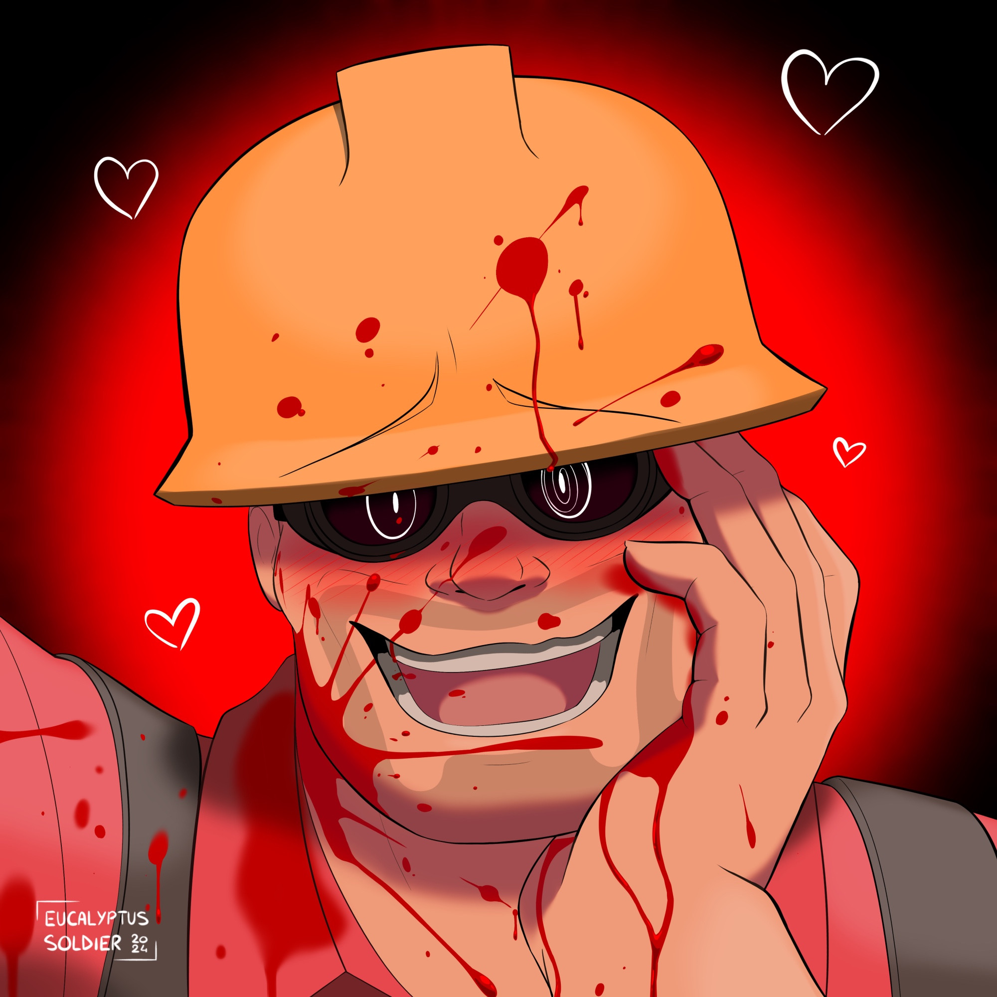 A close-up drawing of RED Engineer from Team Fortress 2 — covered in blood stains — smiling like a mad mann.

Painis Cupcake was more fitting for this kind of drawing, but I was sketching Engineer crying his eyes out at first & it looked like he was being a yandere.