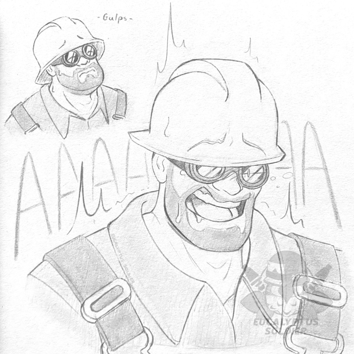 Smells like bacon.

It has been a while since I wanted to draw RED Engie. These were supposed to be random practise sketches, so I didn't want to shade them or to draw a proper background. In case it doesn't make sense : RED Engineer is [ willingly ] burning his left hand on an electric hot plate.

I'm not good at drawing steam on paper. I will try to practice this someday.