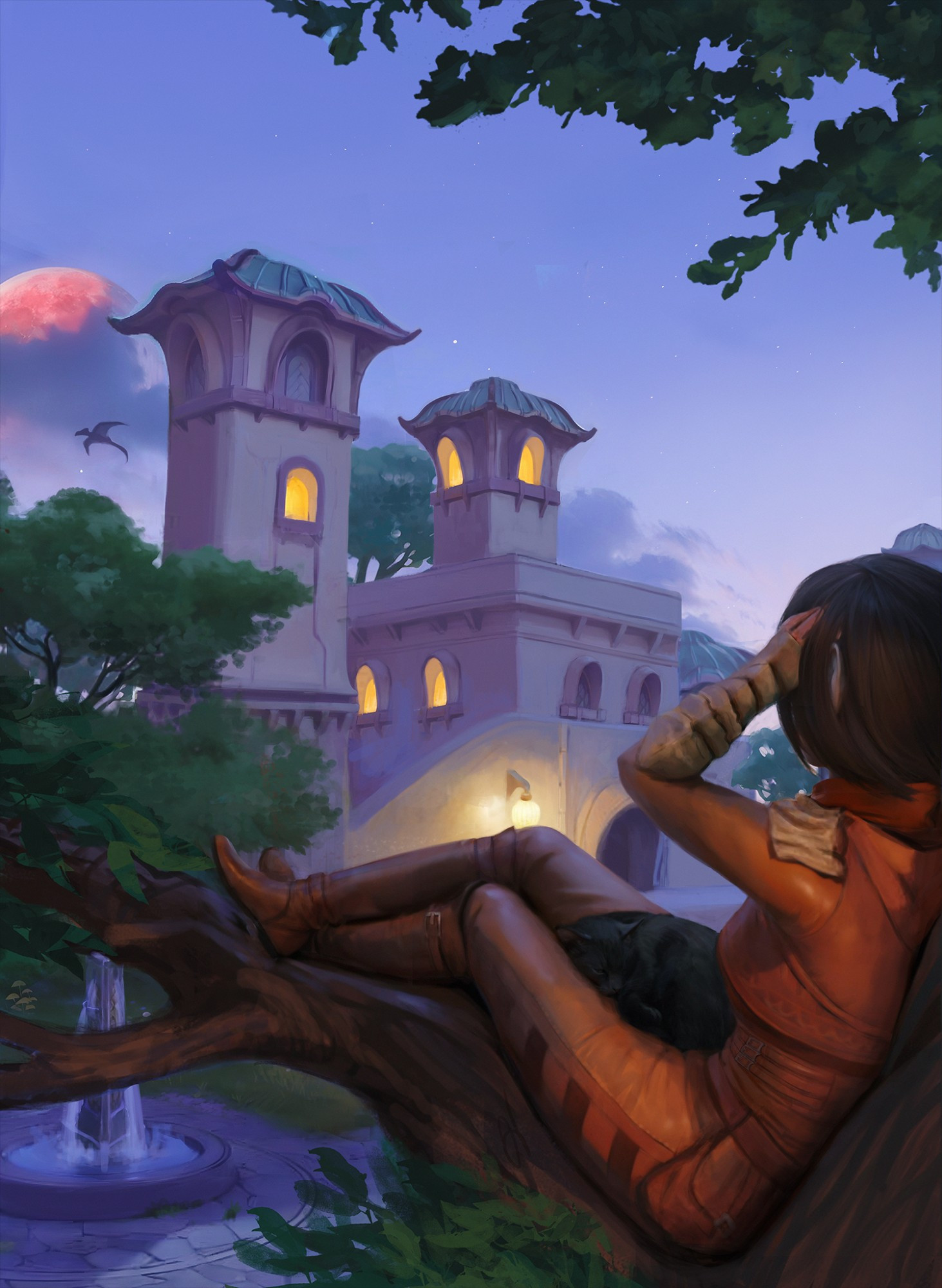 A dark elf assassin named Naryu Virian is sitting on a tree branch with a black cat on her lap, looking over Balmora city in the evening. 