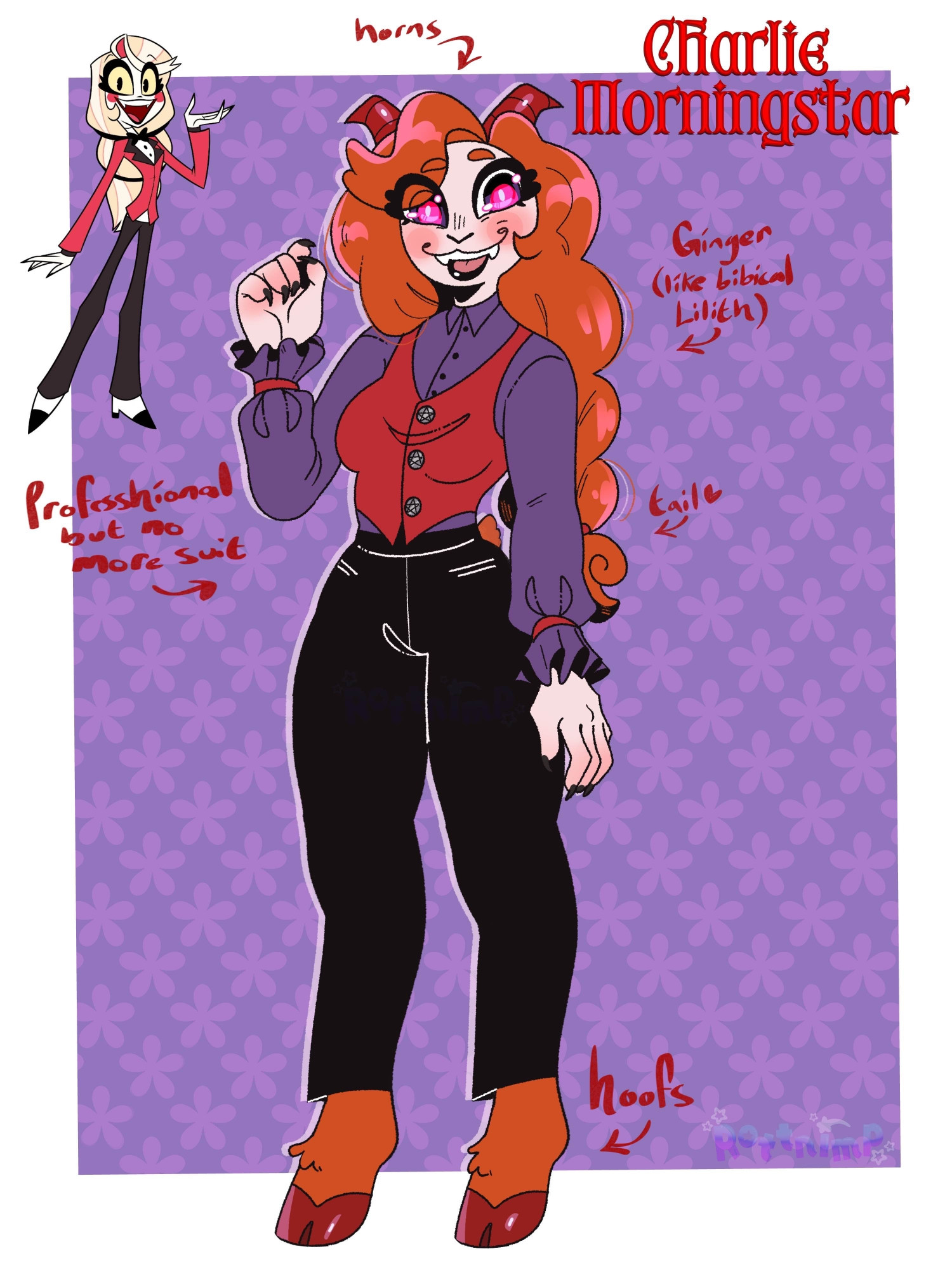 Hazbin Hotel Charlie redesign, changed her into a red head with horns, a red vest and purple shirt, and her hoofs showing.