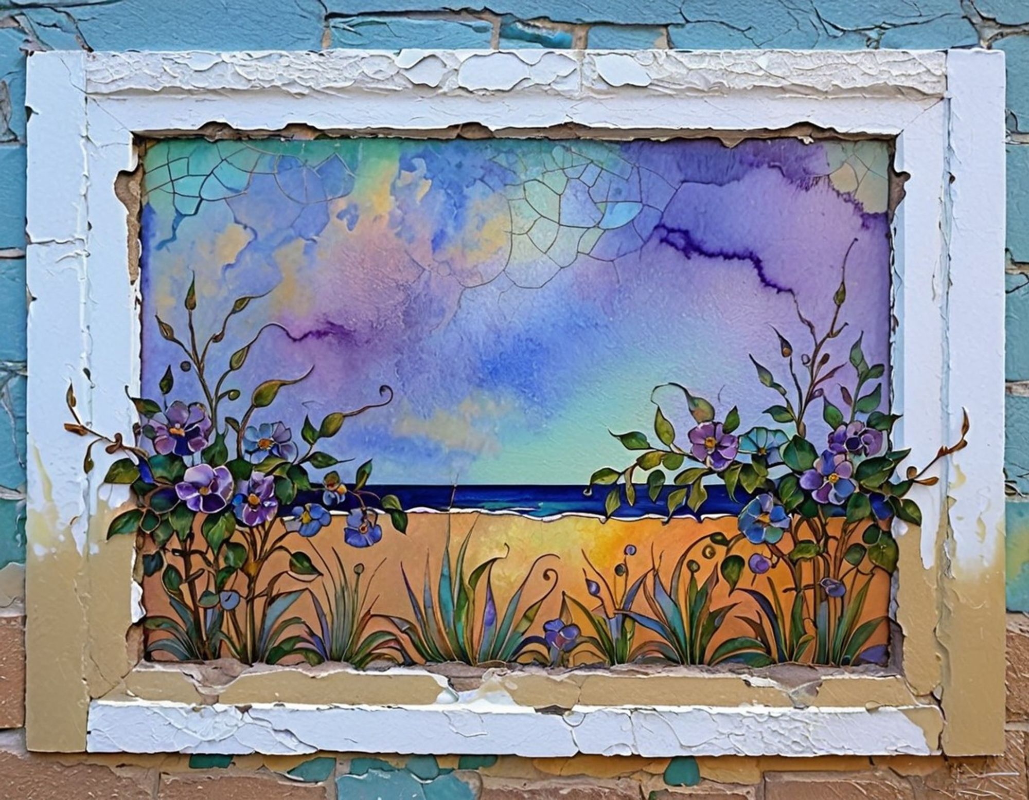 Small mural of vibrant plants with purple flowers by a wall with the sea in the background, painted on a flat place on a weathered wall where the surrounding blue, white, and brown paint is cracked.